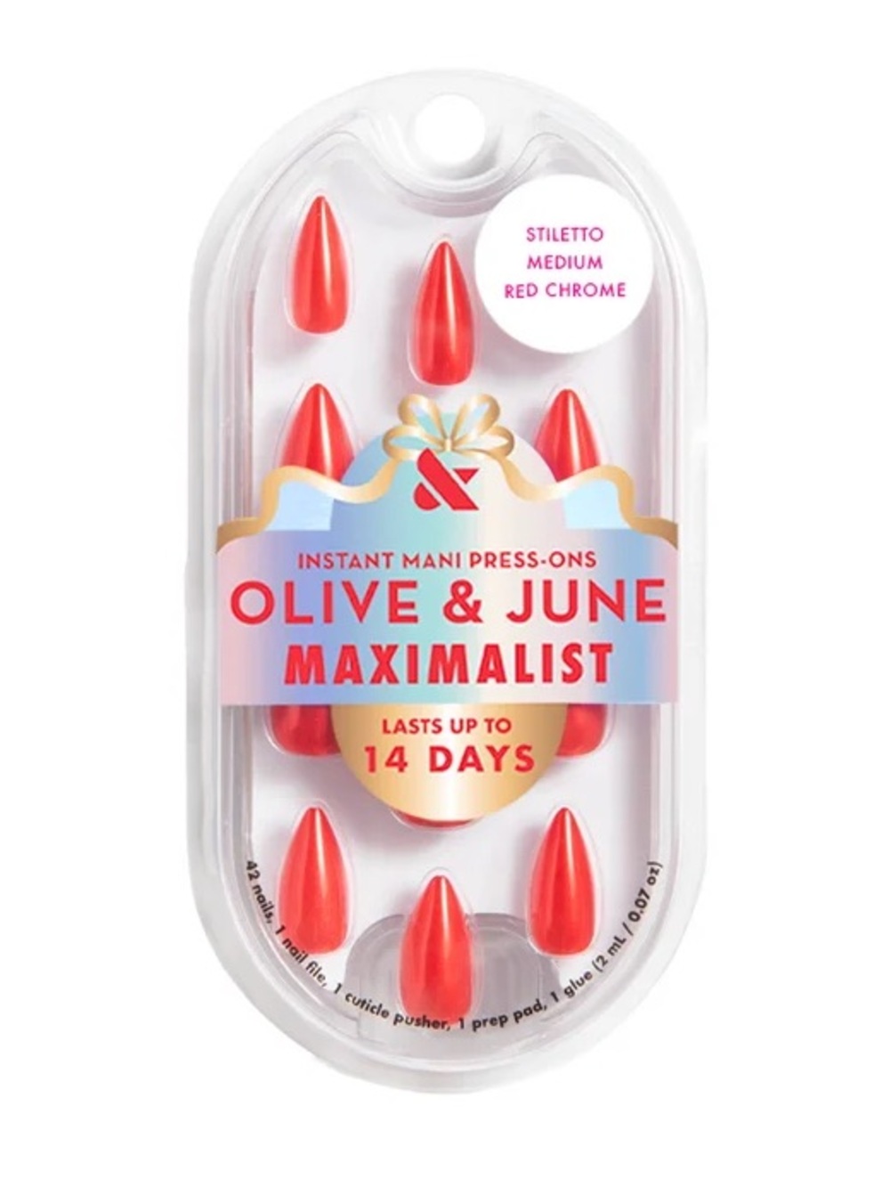 Olive & June Press On Maximalist Red Chrome, Medium Stiletto, NEW